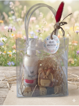 Sac + 1 lait corporel au choix 100 ml + 1 savon merci  25gr+ 1 savon cartable 30gr