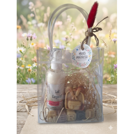 Sac + 1 lait corporel au choix 100 ml + 1 savon merci  25gr+ 1 savon cartable 30gr